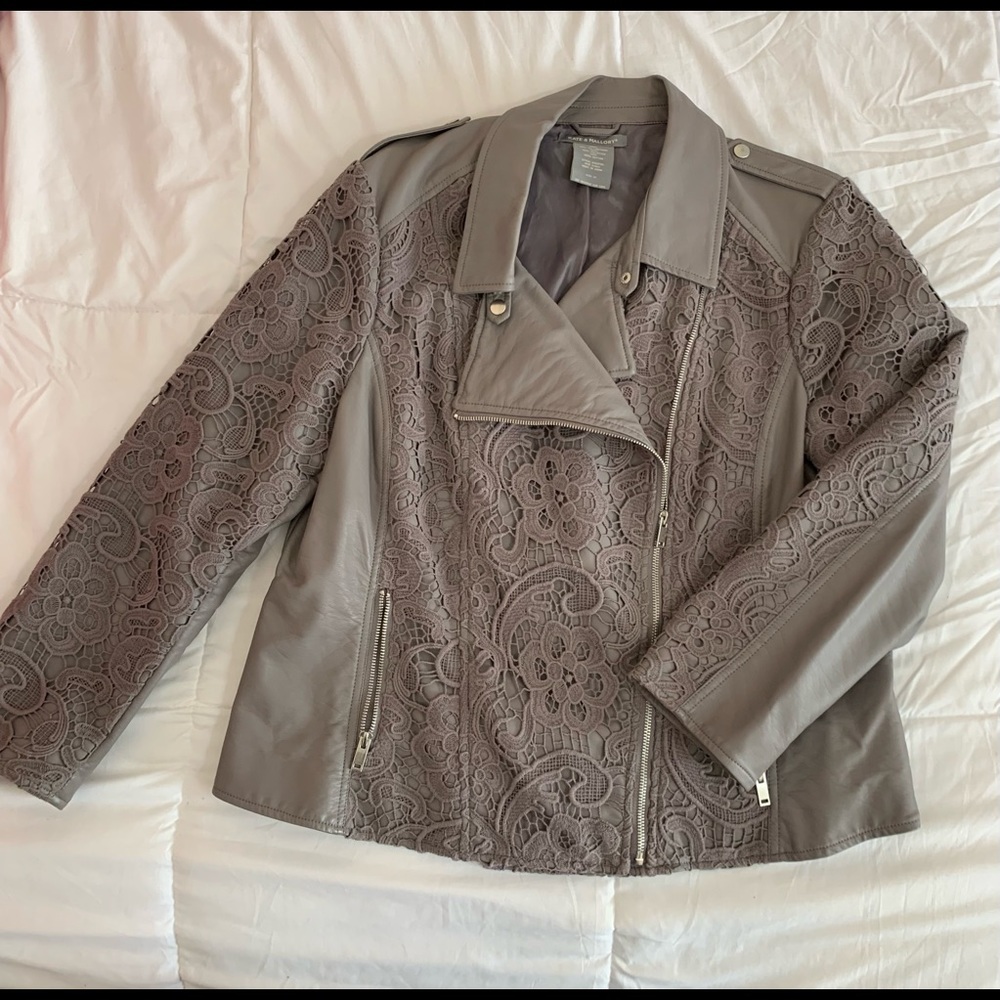 Kate & Mallory Grey Laced Detailed Supple Faux Leather Jacket, Size 1X